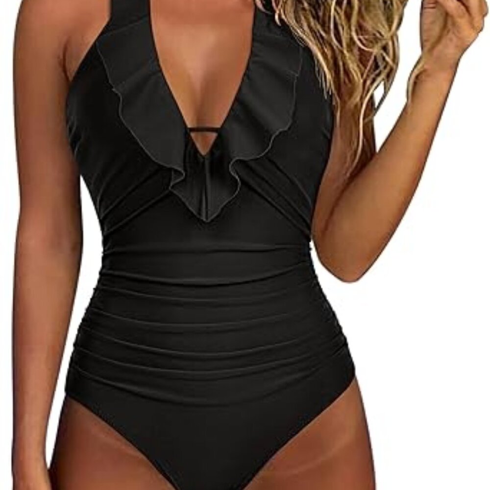 Suuksess Womens Tummy Control Bathing Suit Medium Black One Piece Swimsuits Ruff